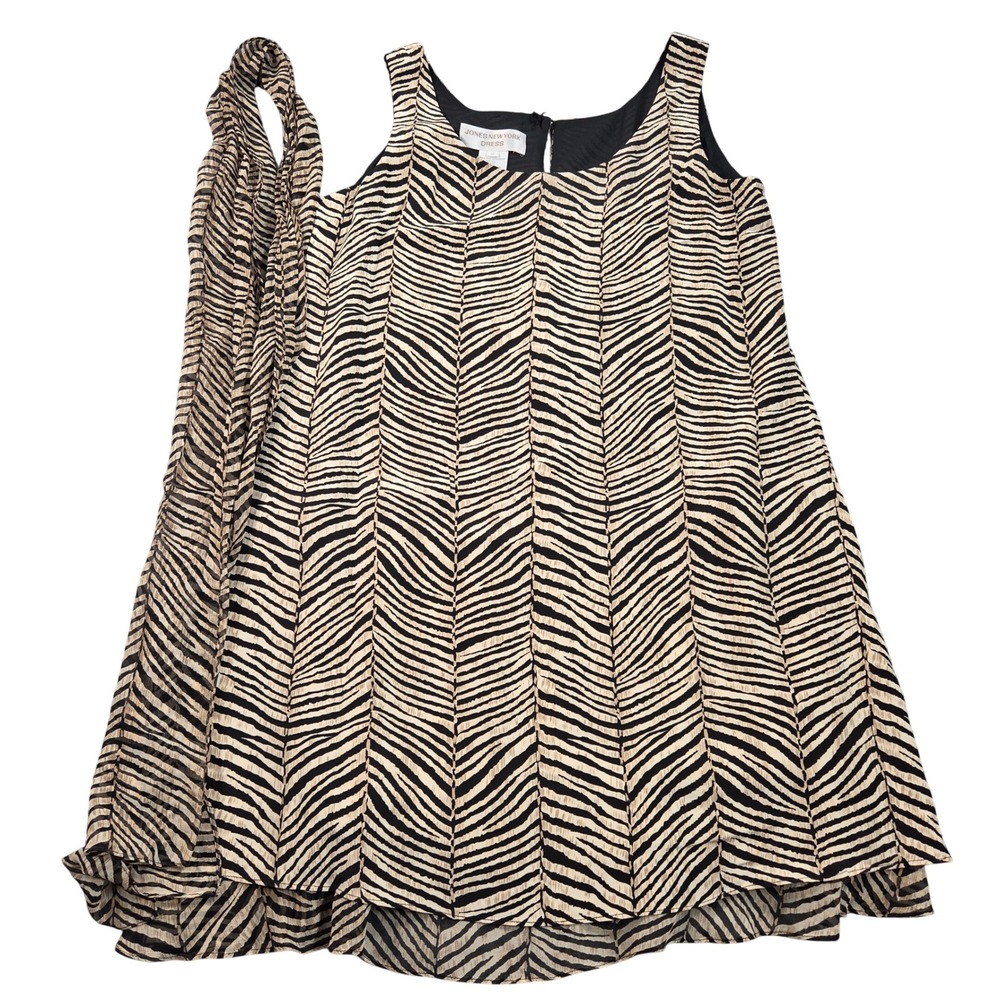 Jones New York Dress Womens 12 Tan Black Zebra Print Shift Dress Scarf